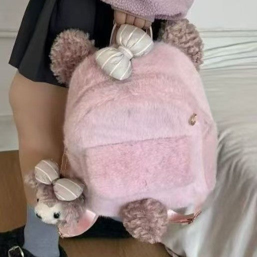 Plush backpack with cute animal ears and pompom Bowlift