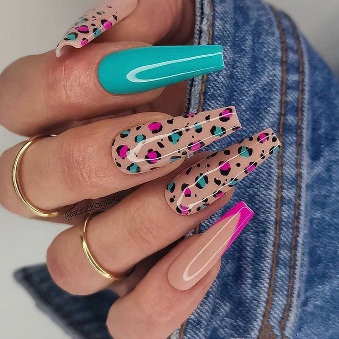 Artful Nail Extensions with Leopard Pattern and Neon Accents Bowlift