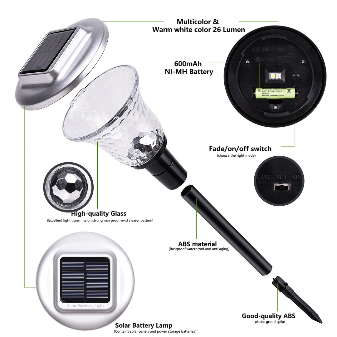Solar LED Projecting Pathway Stake Lights With Color-Changing Crystal Lens And Dusk-To-Dawn Sensor Bowlift