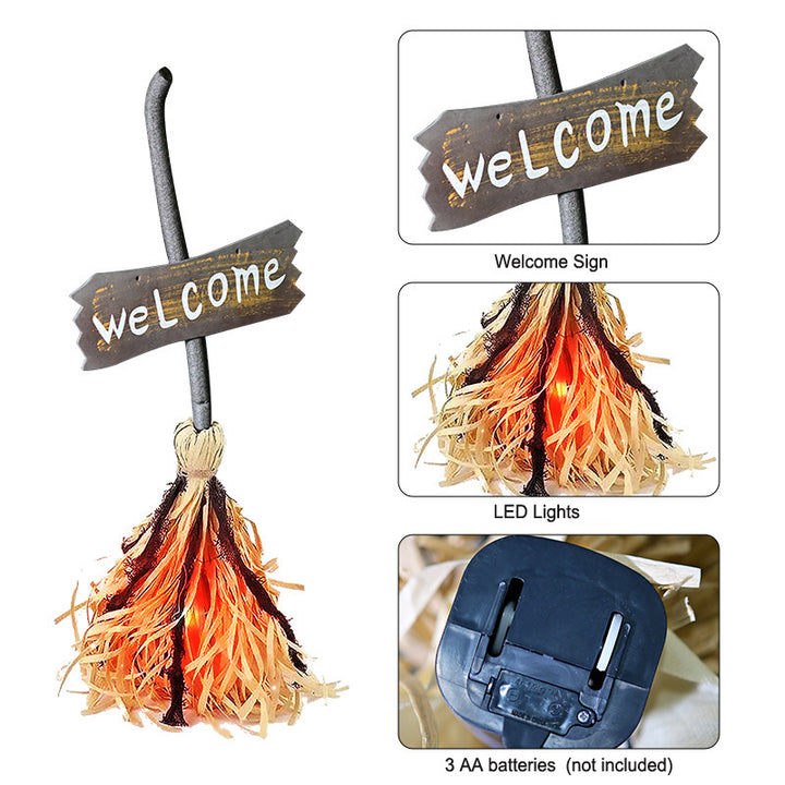 Halloween Welcome Decorative Broom with Rustic Welcome Sign Bowlift