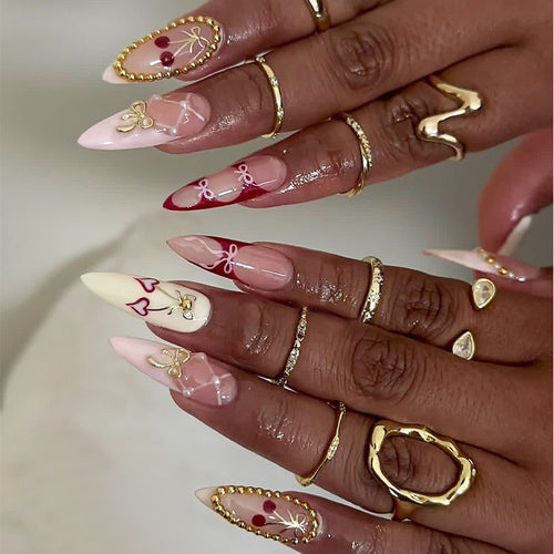 Creative nail art set with playful heart and bow accents Bowlift