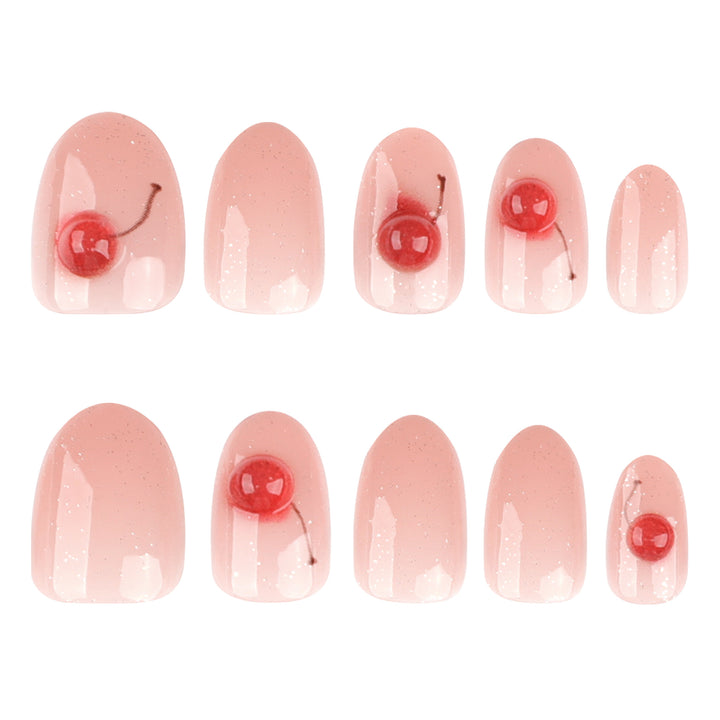 Elegant artificial nails with glitter and cherry motif Bowlift
