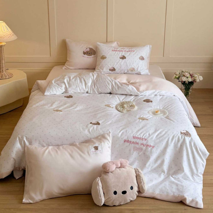 Cute Embroidered Puppy Cotton Duvet Cover Set