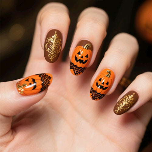Halloween Artificial Nails with Creepy Pumpkin Design Bowlift