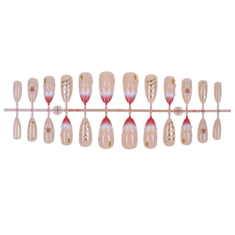 Elegant Floral and Gold Accent Press-On Nail Set Bowlift