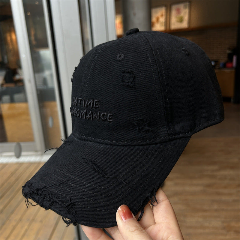 Distressed Cotton Baseball Cap with Quote Embroidery