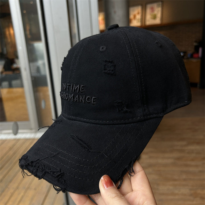 Distressed Cotton Baseball Cap with Quote Embroidery