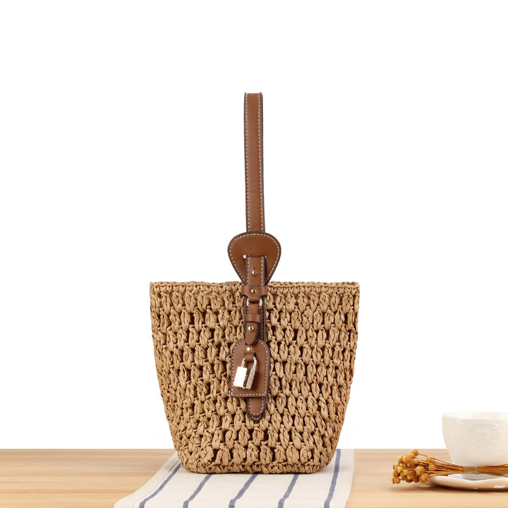 Braided Bast Handbag with Elegant Leather Decoration Bowlift