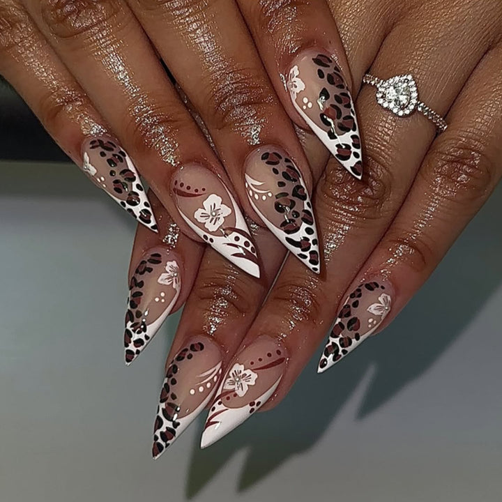 Artistic Stiletto Nails with Flower and Leopard Pattern Bowlift