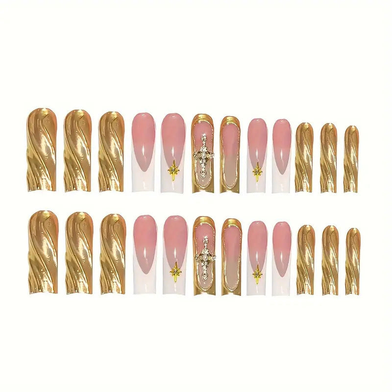 Elegant Press-On Nail Art with Gold Accents Bowlift