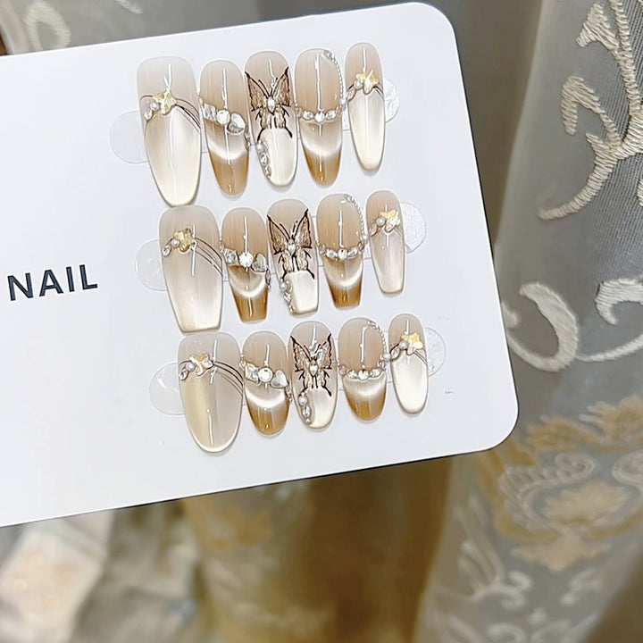 Artistic Butterfly and Pearl-Embellished Press-On Nail Set Bowlift