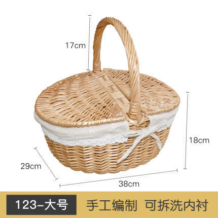 Women's braided basket with checkered fabric insert and decorative lace embellishment Bowlift