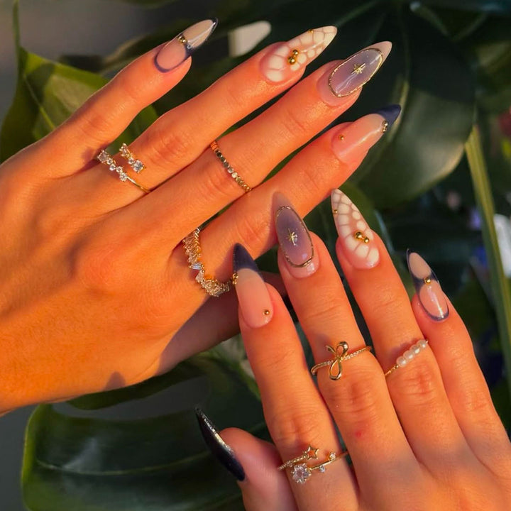 Premium Artistic Stiletto Press-On Nails with Gold Accents Bowlift