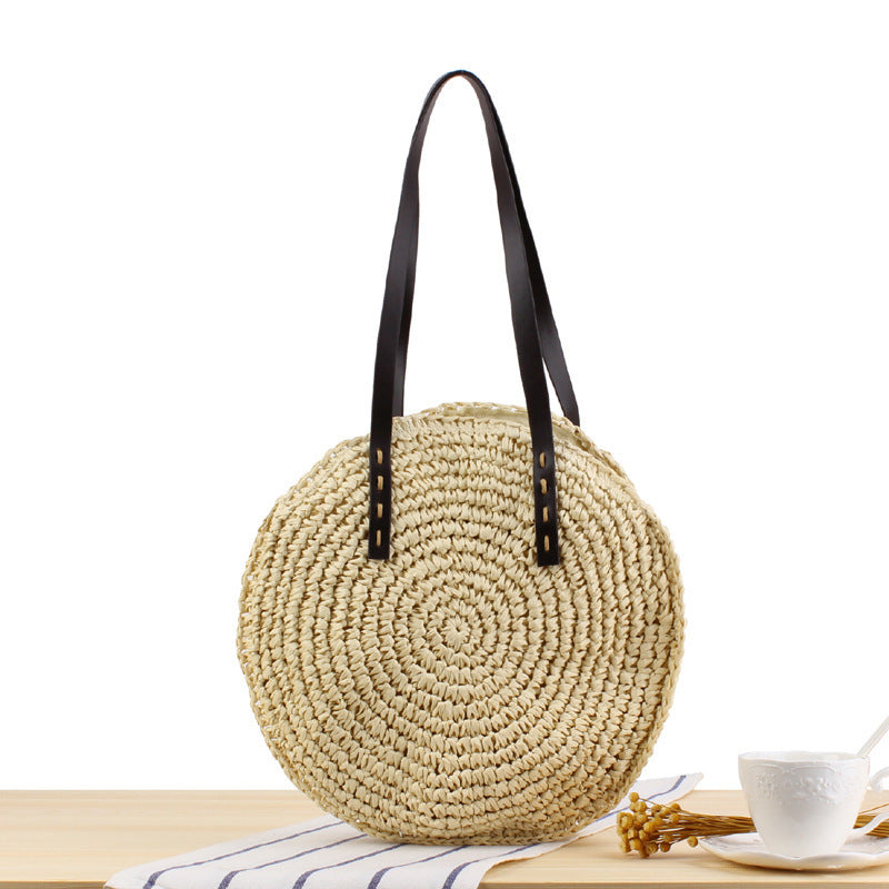 Round Bast Tote Bag with Leather-Embellished Handles Bowlift