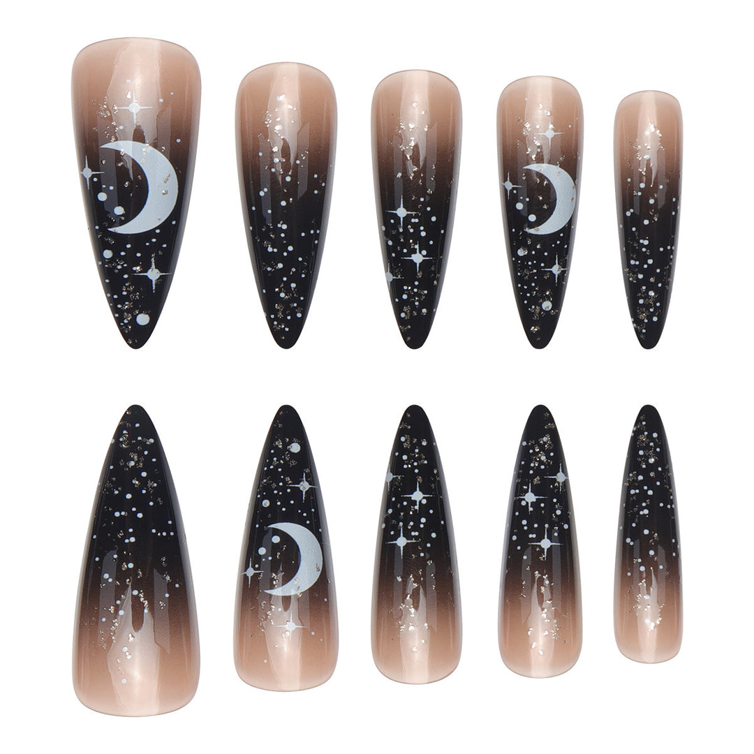Glamorous Stiletto Press-On Nails with Celestial Design Bowlift