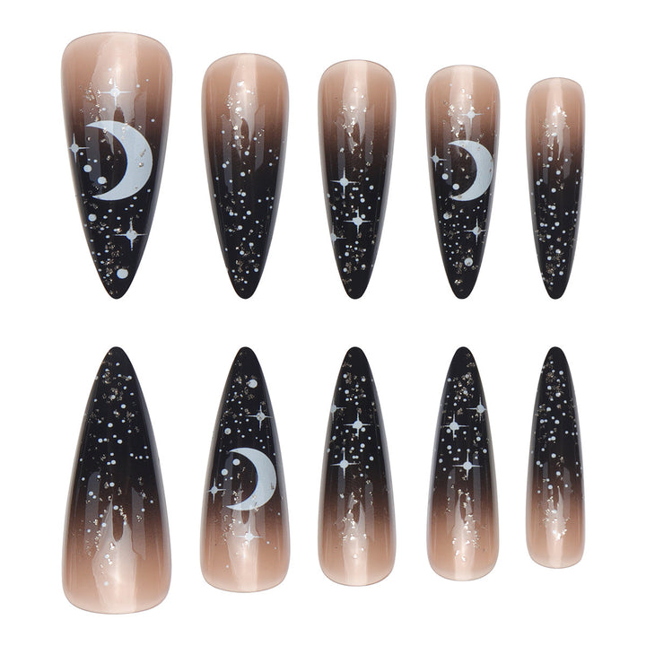 Glamorous Stiletto Press-On Nails with Celestial Design Bowlift