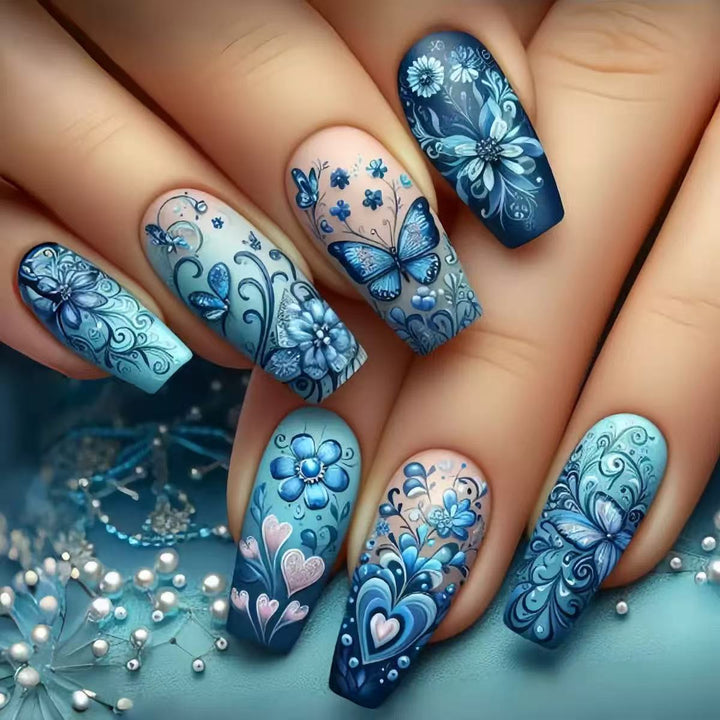 Artificial nail set with floral and butterfly patterns Bowlift