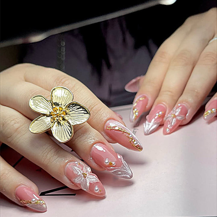 Premium Decorative Press-On Nail Set with Floral and Gem Accents Bowlift