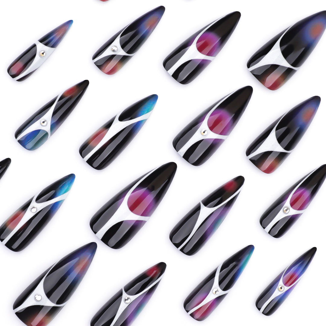 Artful stiletto nails with sparkling accents and geometric design Bowlift