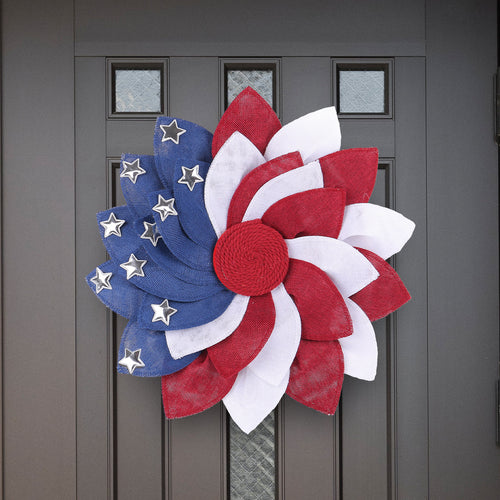 Unisex nan more patriotic door wreath made of layered fabric flowers with metal stars Bowlift