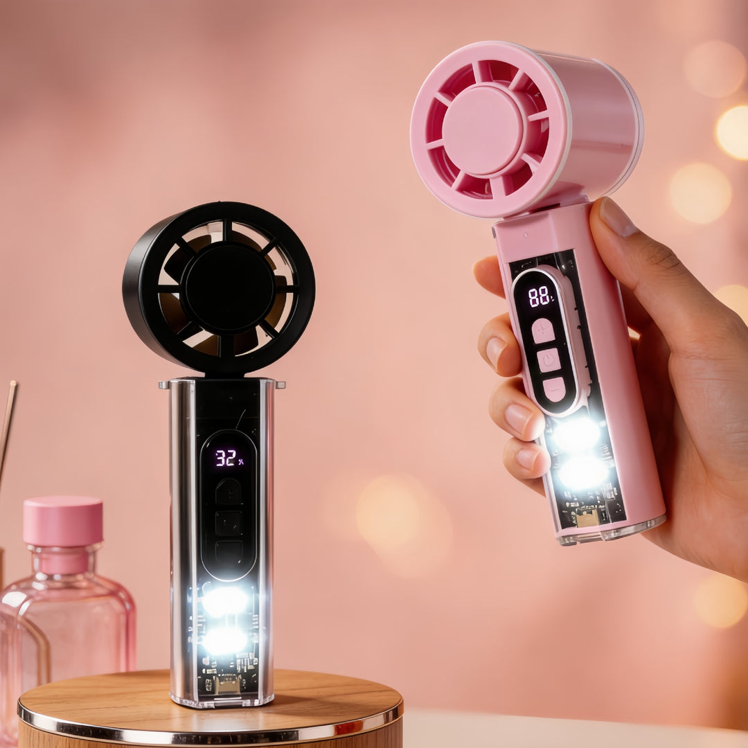 Women Portable Hand Fan with Temperature Display and LED Lighting Bowlift