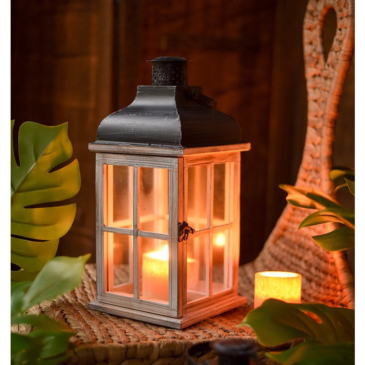 Rustic Wooden Glass-Paneled Lantern with Metal Roof and Latch Candle Holder Bowlift