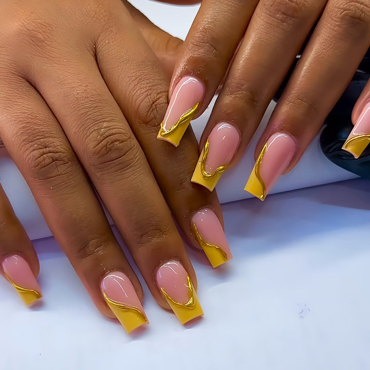 Elegant Acrylic French Tip Press-On Nails with Gold Detailing Bowlift