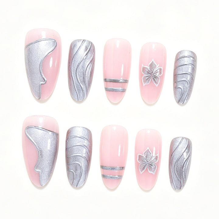 Elegant Metallic Floral Accent Press-On Nails Bowlift