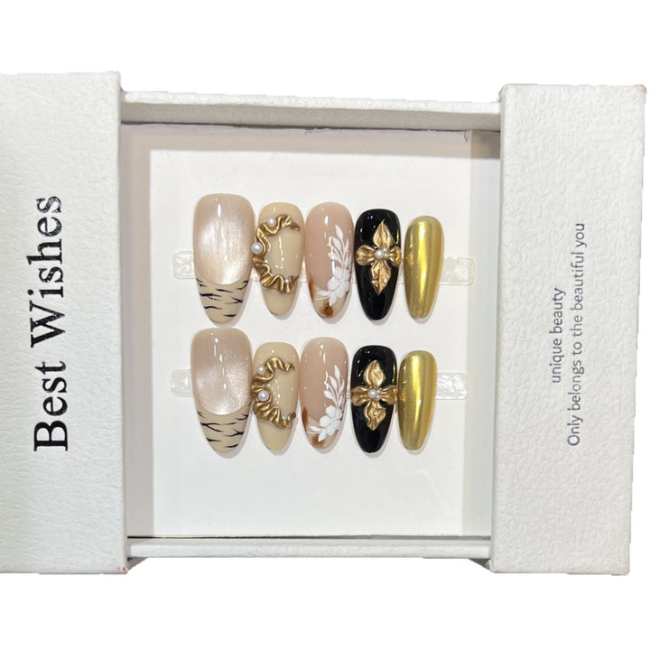 Artistic Press-On Nail Set with Decorative Floral Elements Bowlift