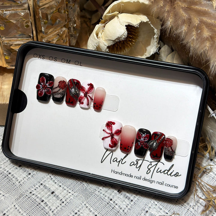 Artistic Nail Decoration Press-On Set with Unique Floral and Gemstone Designs Bowlift