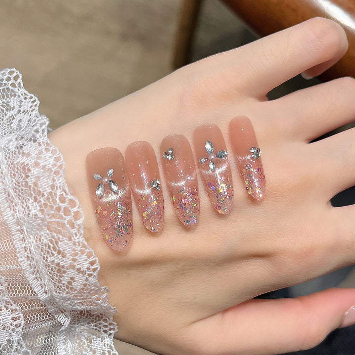 Elegant Glitter-Infused Press-On Nail Design Bowlift