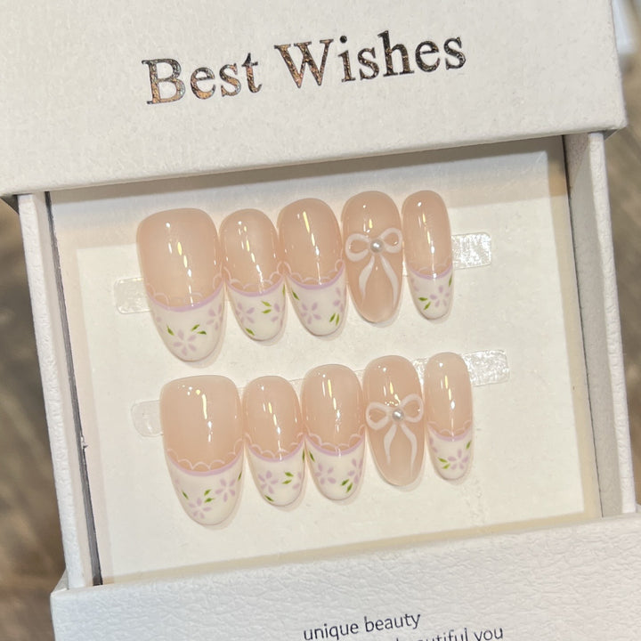 Decorative Press-On Nail Set with Floral Bow Design Bowlift