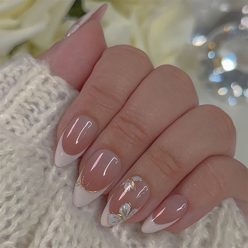 Artificial nail set with elegant flower and French tip design Bowlift