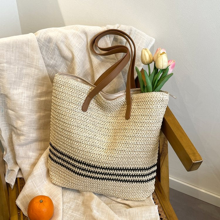 Fashionable Bast and Leather Tote Bag Bowlift