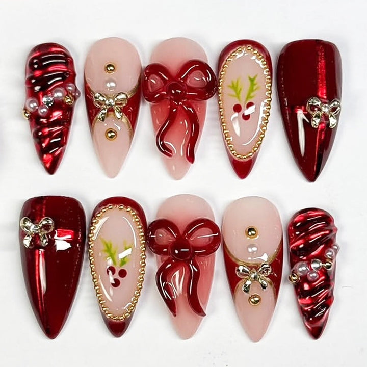 Artificial nail set with glamorous decorations and festive accents Bowlift