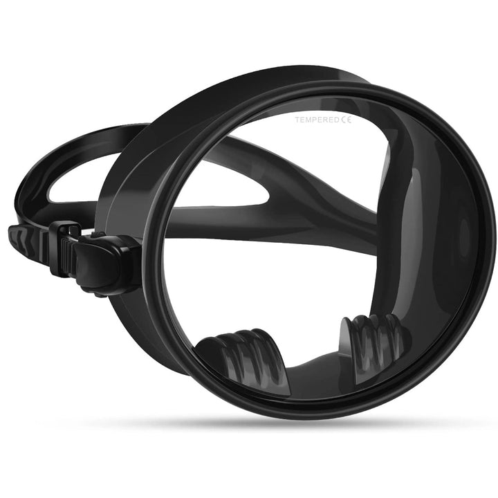 Diving mask with wide field of vision and adjustable headband Bowlift