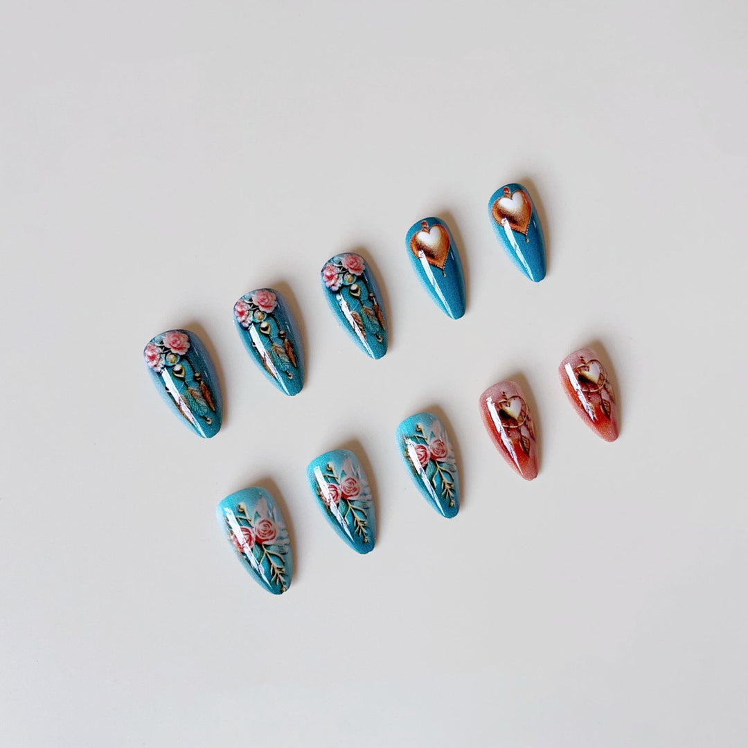 Acrylic nail set with stunning 3D rose and heart decorations Bowlift