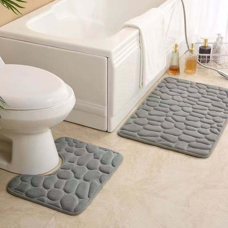 Pebble-Texture Memory Foam Bath Mat Set with U-Shaped Toilet Contour and Rectangular Non-Slip Rug Bowlift