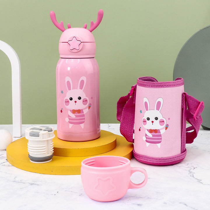 Women's Insulated Water Bottle with Cute Rabbit Design and Practical Carry Strap Bowlift