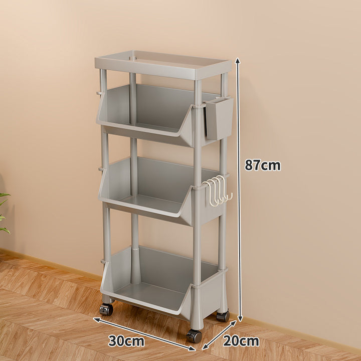 Slim Multi-Tier Rolling Plastic Storage Cart with Deep Tilt Bins and Side Hooks