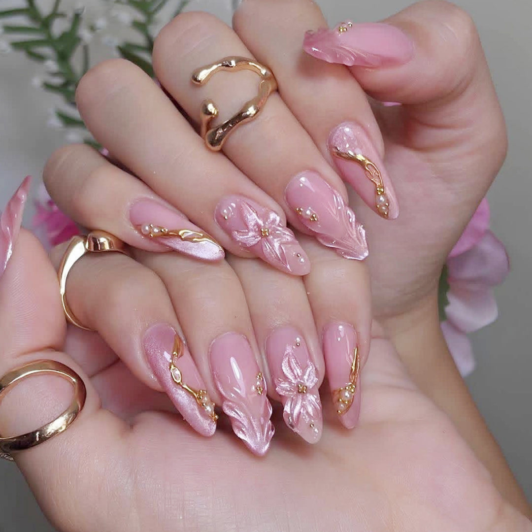 Elegant Floral 3D Acrylic Nail Extensions Bowlift
