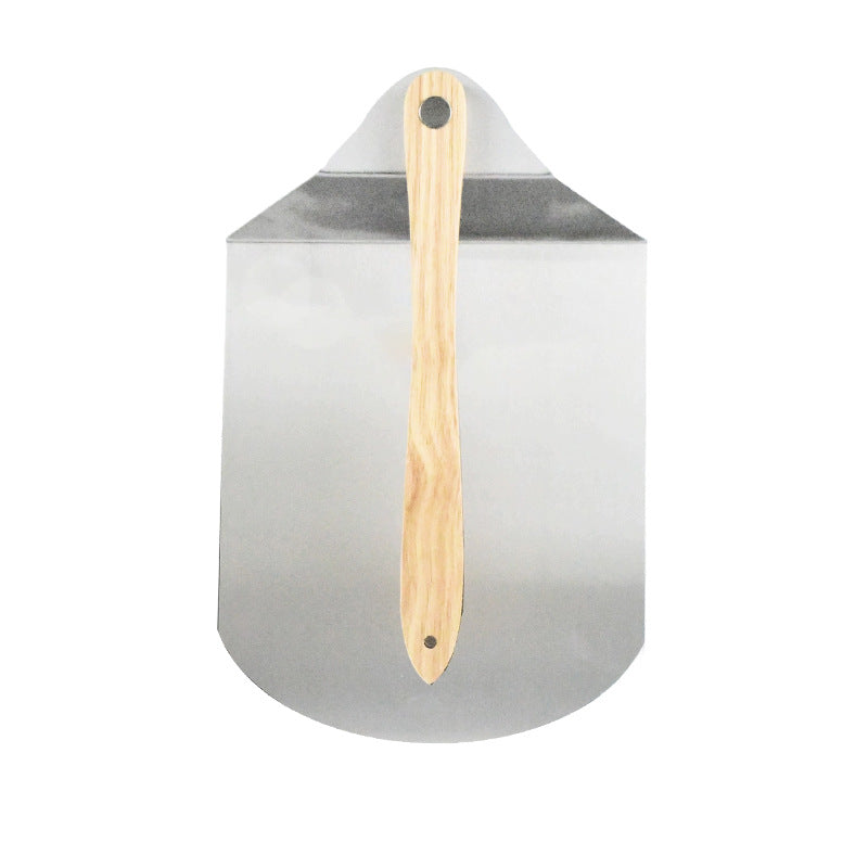 large round stainless steel pizza paddle with beveled edge and full-length wooden handle Bowlift