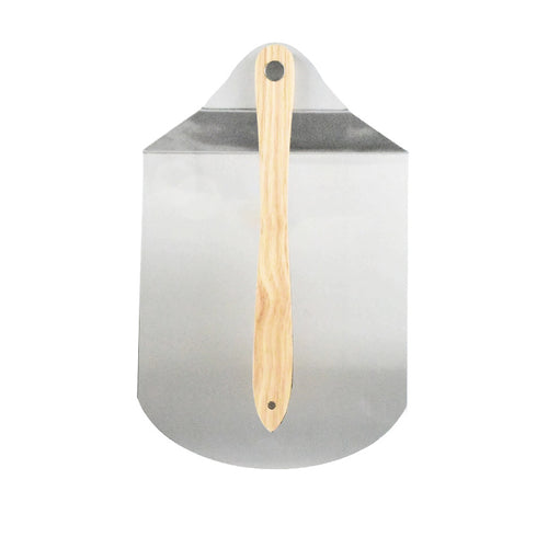 large round stainless steel pizza paddle with beveled edge and full-length wooden handle Bowlift