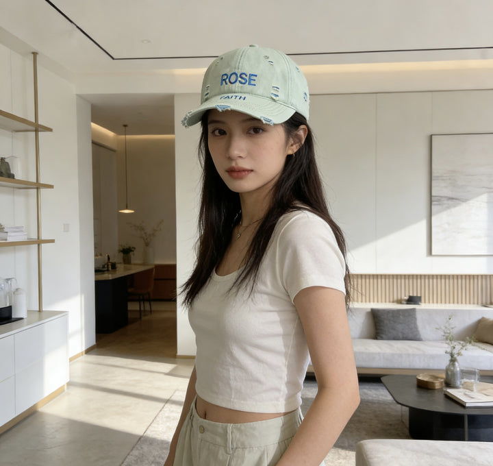 Distressed Baseball Cap with Inspirational Embroidery