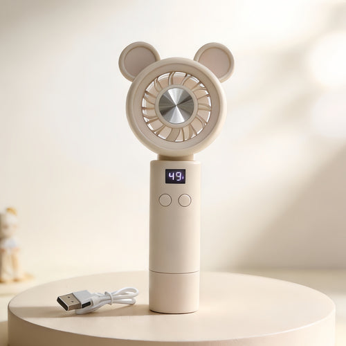 Unisex portable mini fan with LCD display and cute bear ears, rechargeable Bowlift