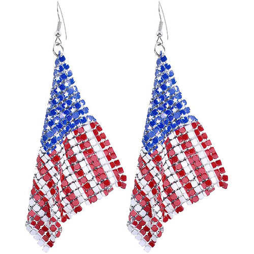 Ladies' long crystal mesh earrings with flag pattern and fishhook clasp Bowlift