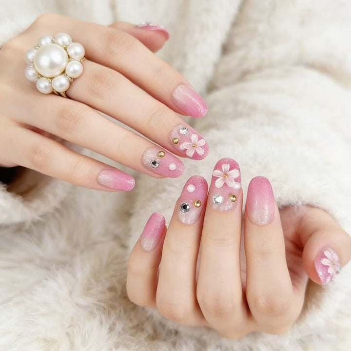 Artificial nails with elegant flower and rhinestone design Bowlift