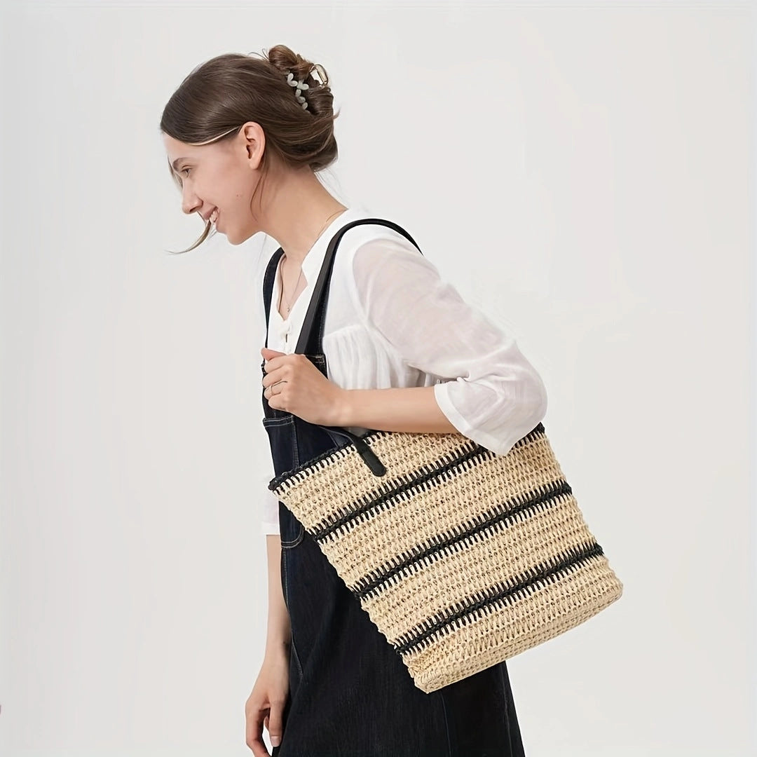 Elegant Raffia Shopping Bag with Leather Handles Bowlift