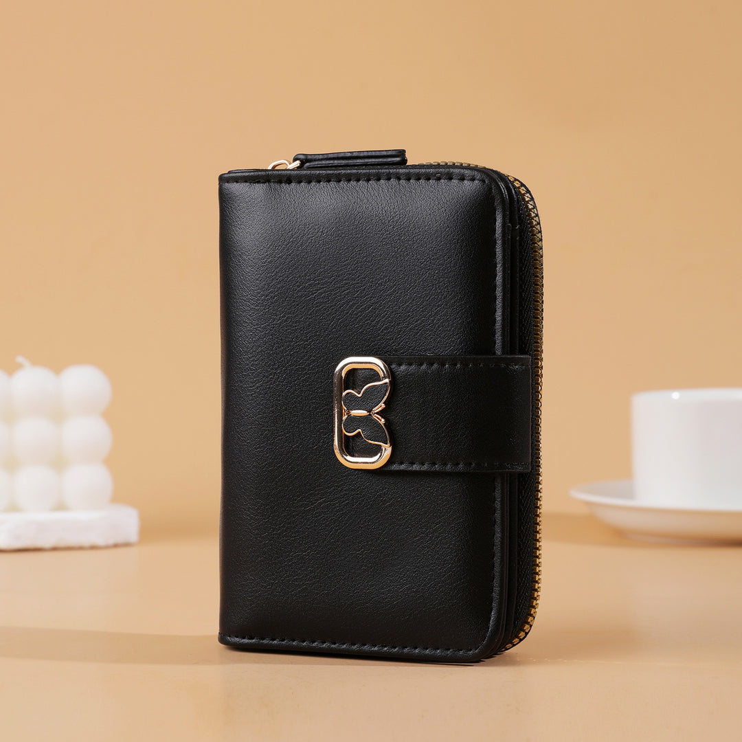Compact Zip-Around Faux Leather Long Wallet with Butterfly Clasp Bowlift
