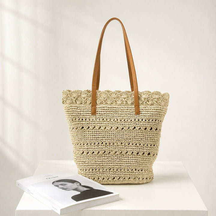 Beach bag with handcrafted crochet pattern and leather handles Bowlift